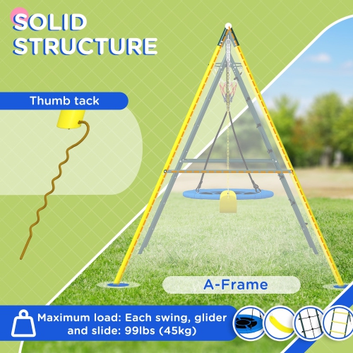 Outsunny 4 in 1 Metal Swing Set with Saucer Swing, Seat, Climbing Ladder/Net, Basketball Hoop, Ladder, Kids Swing Set for Backyard, Outdoor,