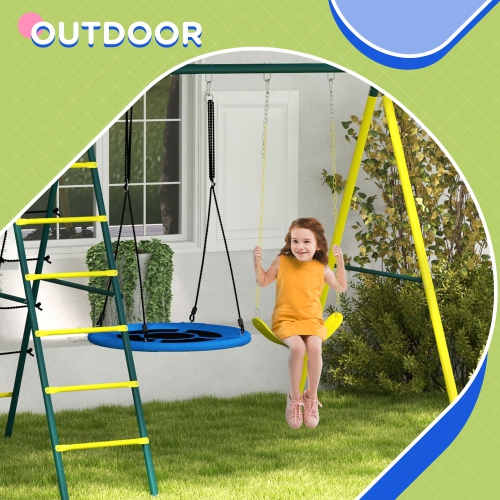 Outsunny 4 in 1 Metal Swing Set with Saucer Swing, Seat, Climbing Ladder/Net, Basketball Hoop, Ladder, Kids Swing Set for Backyard, Outdoor,