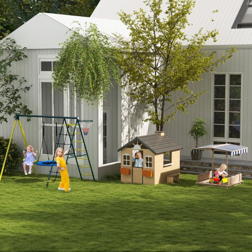 Outsunny 4 in 1 Metal Swing Set with Saucer Swing, Seat, Climbing Ladder/Net, Basketball Hoop, Ladder, Kids Swing Set for Backyard, Outdoor,