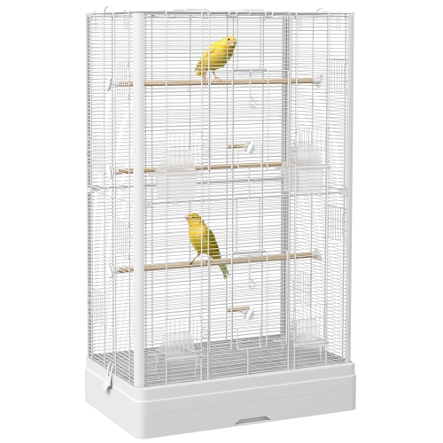 PawHut 39" Bird Cage for Budgie, Finches, Canaries, Love Birds, Large Parrot Cage with Wooden Stands, Slide-Out Tray, Handles, Food Containers, White