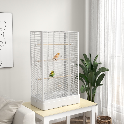 PawHut 39" Bird Cage for Budgie, Finches, Canaries, Love Birds, Large Parrot Cage with Wooden Stands, Slide-Out Tray, Handles, Food Containers, White