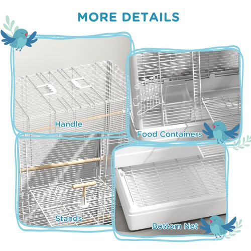 PawHut 39" Bird Cage for Budgie, Finches, Canaries, Love Birds, Large Parrot Cage with Wooden Stands, Slide-Out Tray, Handles, Food Containers, White