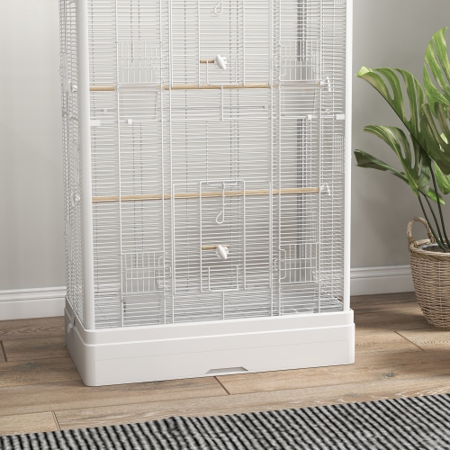 PawHut 39" Bird Cage for Budgie, Finches, Canaries, Love Birds, Large Parrot Cage with Wooden Stands, Slide-Out Tray, Handles, Food Containers, White