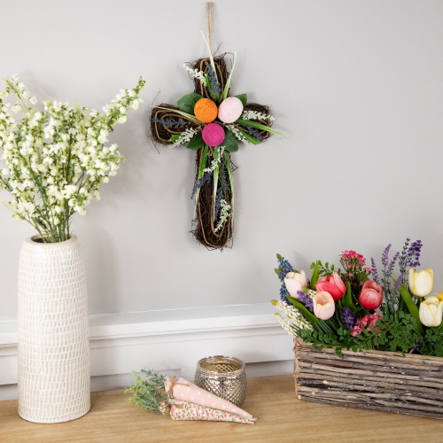 Twig Cross Wall Decoration with Easter Eggs - 13.25"