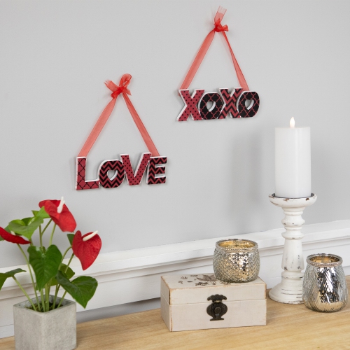 Wooden LOVE and XOXO Valentine's Day Wall Decorations - 8" - Red and Black - Set of 2