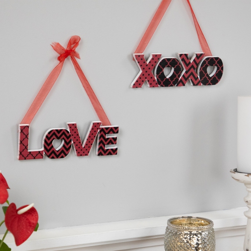 Wooden LOVE and XOXO Valentine's Day Wall Decorations - 8" - Red and Black - Set of 2