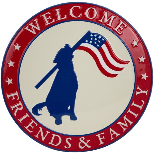 Welcome Friends and Family Patriotic Dog Metal Wall Sign - 13.75"