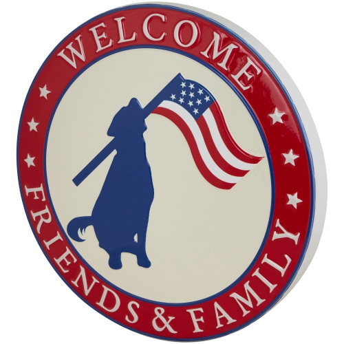 Welcome Friends and Family Patriotic Dog Metal Wall Sign - 13.75"