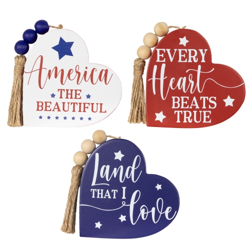 Patriotic Hearts with Beaded Tassels Wooden Signs - 3.75" - Set of 3