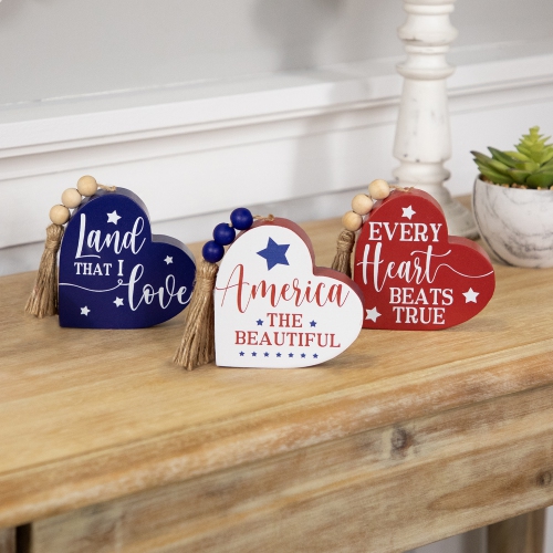 Patriotic Hearts with Beaded Tassels Wooden Signs - 3.75" - Set of 3
