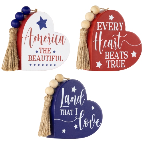 Patriotic Hearts with Beaded Tassels Wooden Signs - 3.75" - Set of 3