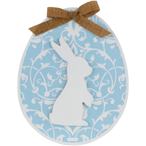 NORTHLIGHT  Easter Egg With Bunny And Burlap Bow Wooden Wall Decoration - 9.5" - In Blue