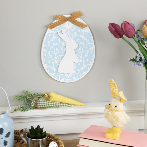 Easter Egg with Bunny and Burlap Bow Wooden Wall Decoration - 9.5" - Blue