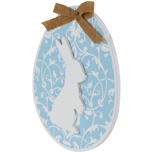Easter Egg with Bunny and Burlap Bow Wooden Wall Decoration - 9.5" - Blue