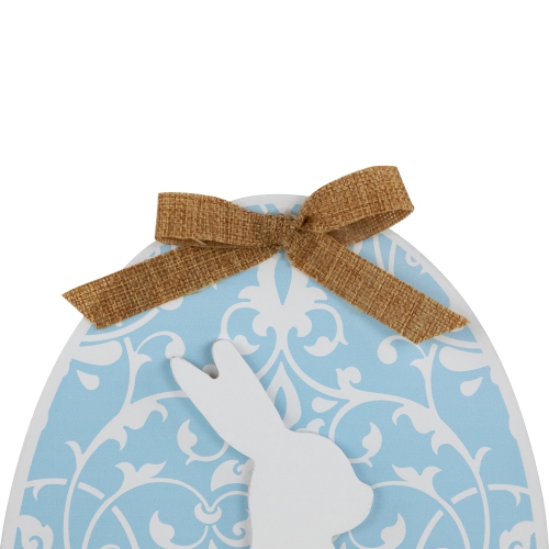 Easter Egg with Bunny and Burlap Bow Wooden Wall Decoration - 9.5" - Blue