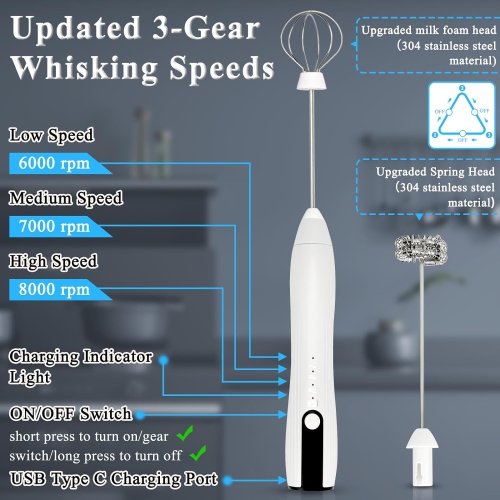 Double Whisk Milk Frother Handheld USB-C Rechargeable Electric Drink Mixer, Coffee Foamer Drink Whisk 3 Speeds Adjustable for Lattes, Matcha, Hot