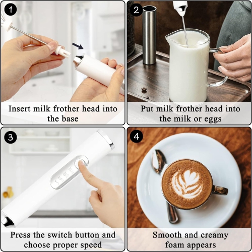 Electric Double Whisk Milk Frother Handheld White USB Rechargeable Drink Mixer, Electric Whisk Foam Maker Detachable 3 Speeds Adjustable for Hot