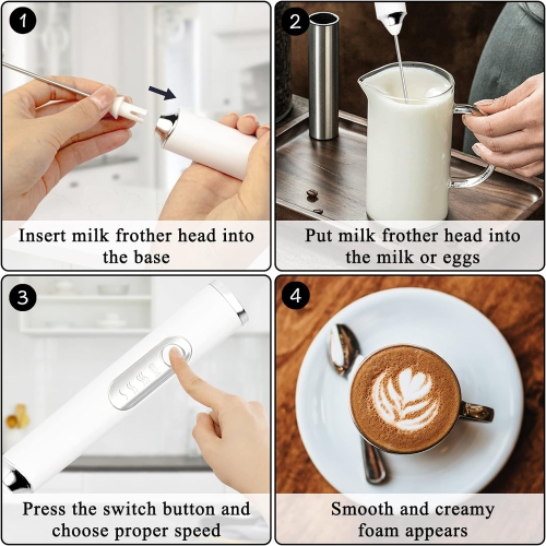 Moussoir à lait électrique portatif USB blanc mélangeur à boissons rechargeable, machine réglable en mousse mousseur à lait amovible 3 vitesses pour