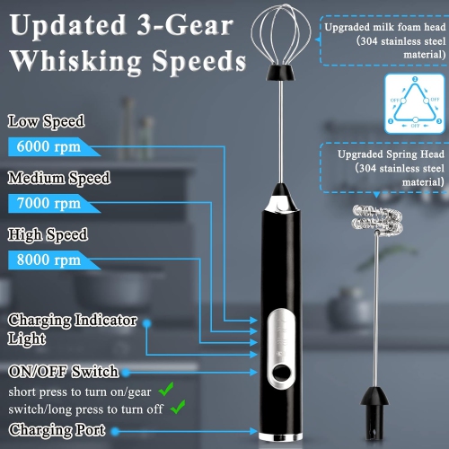 Electric Double Whisk Milk Frother Handheld Black USB Rechargeable Drink Mixer, Adjustable Electric Whisk Foam Maker Detachable 3 Speeds for Matcha,