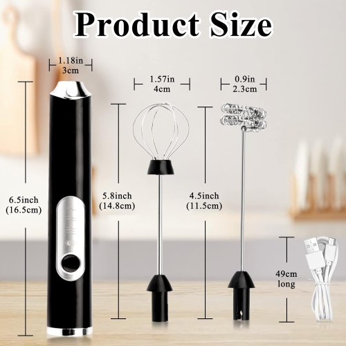 Electric Double Whisk Milk Frother Handheld Black USB Rechargeable Drink Mixer, Adjustable Electric Whisk Foam Maker Detachable 3 Speeds for Matcha,