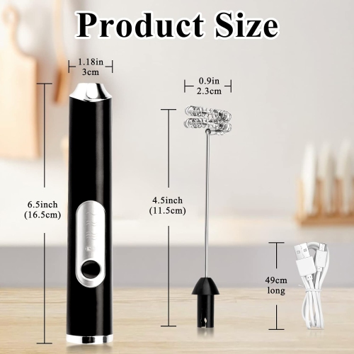 Electric Milk Frother Handheld Black USB Rechargeable Drink Mixer, Adjustable Foam Maker Detachable Milk Frother 3 Speeds for Lattes, Matcha, Coffee,