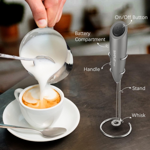 Milk Frother Handheld Battery Operated Electric Foam Maker, Drink Mixer with Stainless Steel Whisk and Stand for Bulletproof Coffee, Cappuccino,
