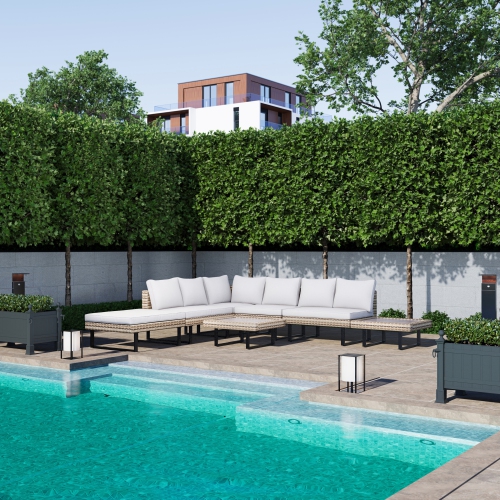 DEKO LIVING  8 Place Seating Outdoor Modular Wicker Corner Sectional Sofa And Ottoman Set With Table