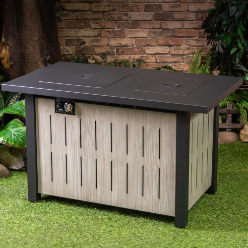 Deko Living 42 Inch Rectangular Outdoor Propane Gas Fire Pit Table 50,000 BTU Heater with Glass Bead Filler and Ice Bucket