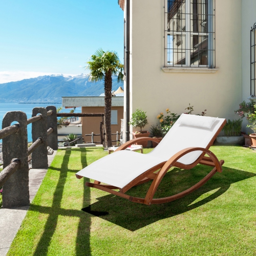 DEKO LIVING  Outdoor Cedar Wood Chaise Lounge Chair With Textilene Fabric In White