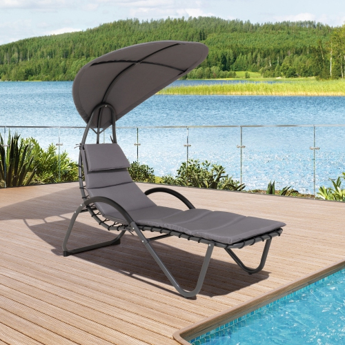 Deko Living Outdoor Cushioned Chaise Lounge Chair with Textilene Fabric Canopy and Headrest Pillow