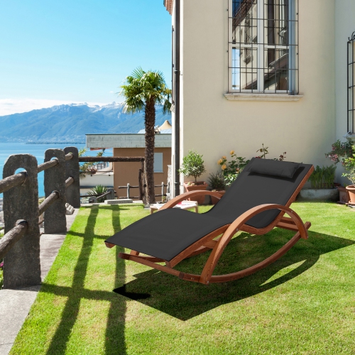 Deko Living Outdoor Cedar Wood Chaise Lounge Chair with Black Textilene Fabric