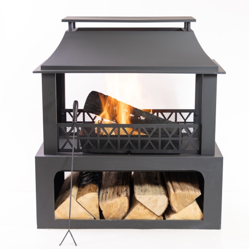 Deko Living 36 Inch Rectangular Outdoor Steel Wood Burning Fireplace with Log Storage Compartment and Poker