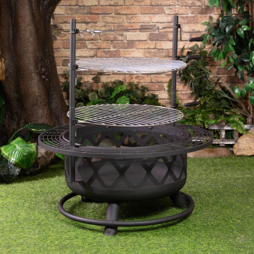 Deko Living 33 Inch Diameter Outdoor Steel Wood Burning Fire Pit with 2 Cooking Grills, Rotisserie and Poker