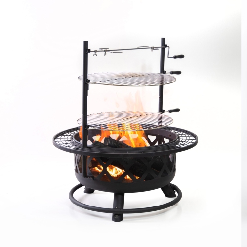 Deko Living 33 Inch Diameter Outdoor Steel Wood Burning Fire Pit with 2 Cooking Grills, Rotisserie and Poker