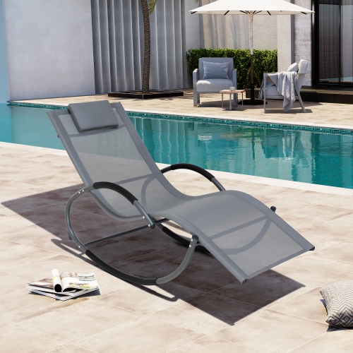 DEKO LIVING  Outdoor Rocking Chaise Lounge Chair With Textilene Fabric And Headrest Pillow