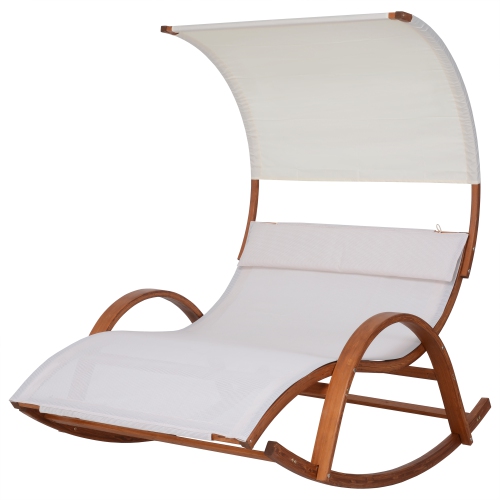 Deko Living Outdoor Cedar Wood Chaise Lounge Daybed with White Textilene Fabric and Canopy