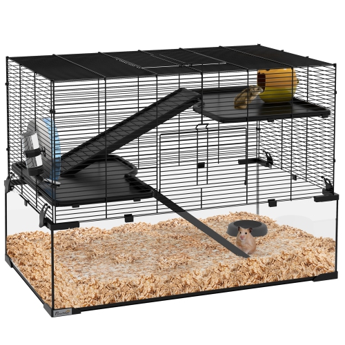 Cage de hamster PawHut, cage de gerbil avec bassin en verre, rampes, plateformes, hutte, roue d'exercice, pour hamsters syriens et nains, noir, L.