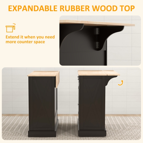 HOMCOM – îlot de cuisine roulant avec bar à déjeuner en bois à abattant, chariot de cuisine champêtre avec 2 tiroirs, tablettes réglables pour salle