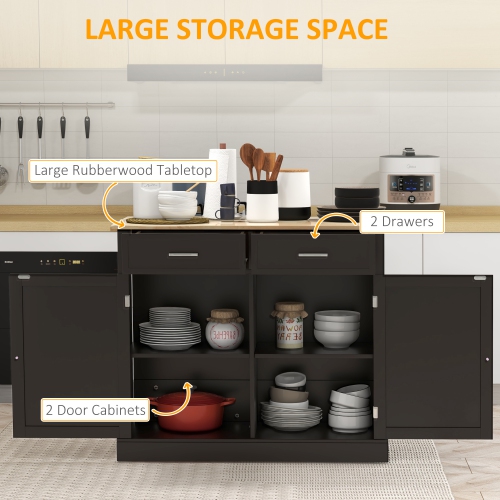 HOMCOM – îlot de cuisine roulant avec bar à déjeuner en bois à abattant, chariot de cuisine champêtre avec 2 tiroirs, tablettes réglables pour salle