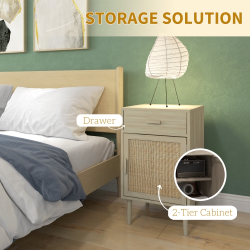 HOMCOM Tall Nightstands Set of 2, Boho Bedside Tables with Drawer, Cabinet, Adjustable Shelf, Rattan End Tables with Storage for Bedroom, Oak