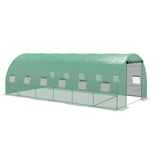 Tente tunnel de 20 x 10 pi avec système de gicleurs d'eau Outsunny, maison verte avec porte à enroulement large, 12 fenêtres en filet, cadre en acier