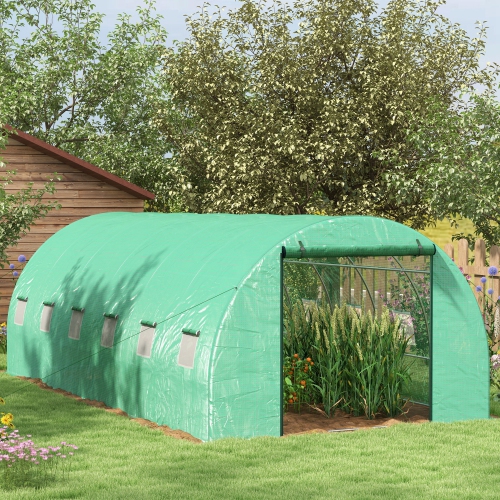 Outsunny 20' x 10' Tunnel Greenhouse with Sprinkler System, Walk-in Green House with Wide Roll-up Door, 12 Mesh Windows, Galvanised Steel Frame, Green