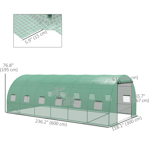 Outsunny 20' x 10' Tunnel Greenhouse with Sprinkler System, Walk-in Green House with Wide Roll-up Door, 12 Mesh Windows, Galvanised Steel Frame, Green