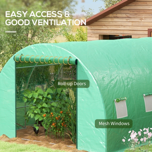 Outsunny 20' x 10' Tunnel Greenhouse with Sprinkler System, Walk-in Green House with Wide Roll-up Door, 12 Mesh Windows, Galvanised Steel Frame, Green