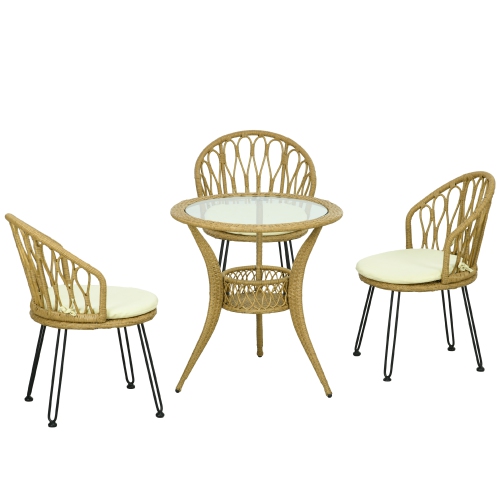 OUTSUNNY  4 Pieces Outdoor Dining Set, Patio Furniture Set \w Rattan Chairs And Tables, Wicker Patio Dining Set \w Cushions, Storage Basket, Glass