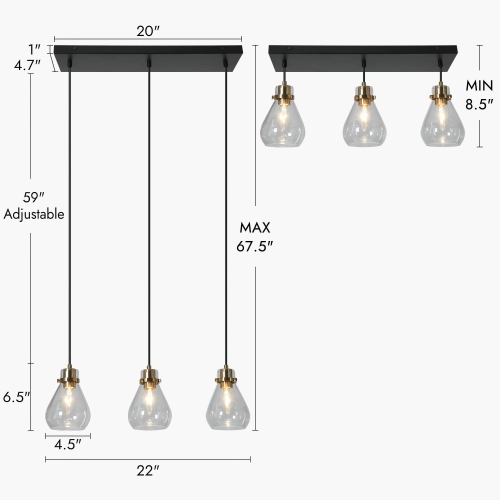 Modern Teardrop Kitchen Island Chandelier, 3-Light 22-in Brass Gold and Black in Bell Modern/Contemporary Clear Glass Linear LED Hanging Kitchen