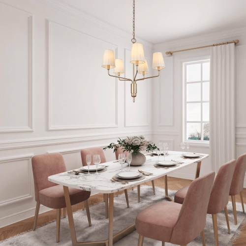 Modern Farmhouse Island Shaded Chandelier Light, 5-Light Gold Candlestick Bedroom Chandelier with Cone Fabric Shades