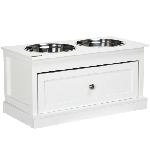 PawHut Elevated Dog Bowls with Storage Drawer, Raised Dog Bowls with Stand, 2 Stainless Steel Bowls for Large Dogs, White