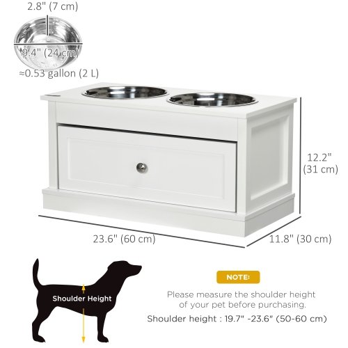 PawHut Elevated Dog Bowls with Storage Drawer, Raised Dog Bowls with Stand, 2 Stainless Steel Bowls for Large Dogs, White