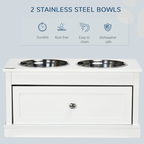 PawHut Elevated Dog Bowls with Storage Drawer, Raised Dog Bowls with Stand, 2 Stainless Steel Bowls for Large Dogs, White